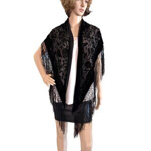 Vintage Black Velvet Sheer Floral Fringe Shawl Wrap Gothic Glam Elegance